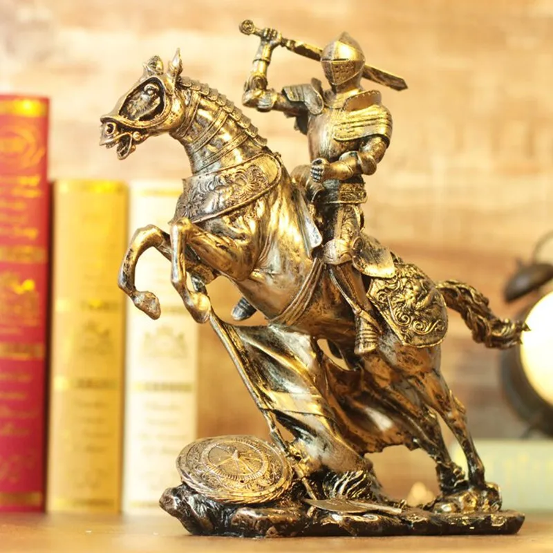 Medieval Armor Sculpture Horse Riding Warrior Figure Bar Decoration Crafts Spartan Knights Statue Resin Retro Decor Souvenir