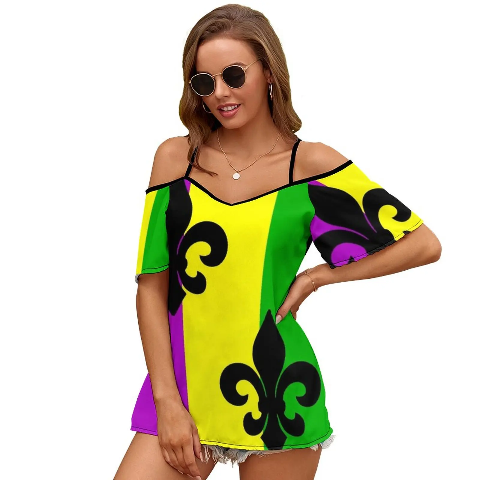 Fleur De Lis With Mardi Gras Colors Sexy And Club Fashion Female T-Shirt Short Sleeve Off Shoulder Lady T Shirts Fleur De Lis