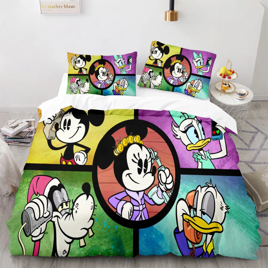 Imagem -02 - Disney Cartoon Bedding Grupo Mickey Mouse Minnie Mouse Quilt Capa de Edredão Fronha Pato Donald Margarida Rainha Completa Cama King Size