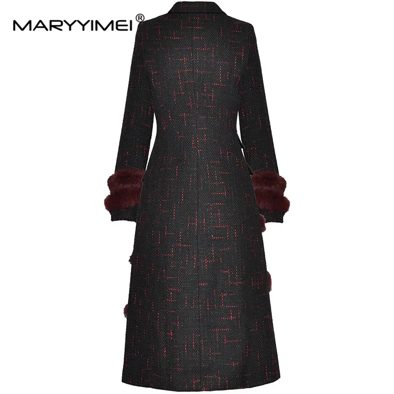 MARYYIMEI Autumn and Winter Women's Wine red/Black Coat Long-Sleeved Double-Breasted Pocket Fashion Plaid Overcoat