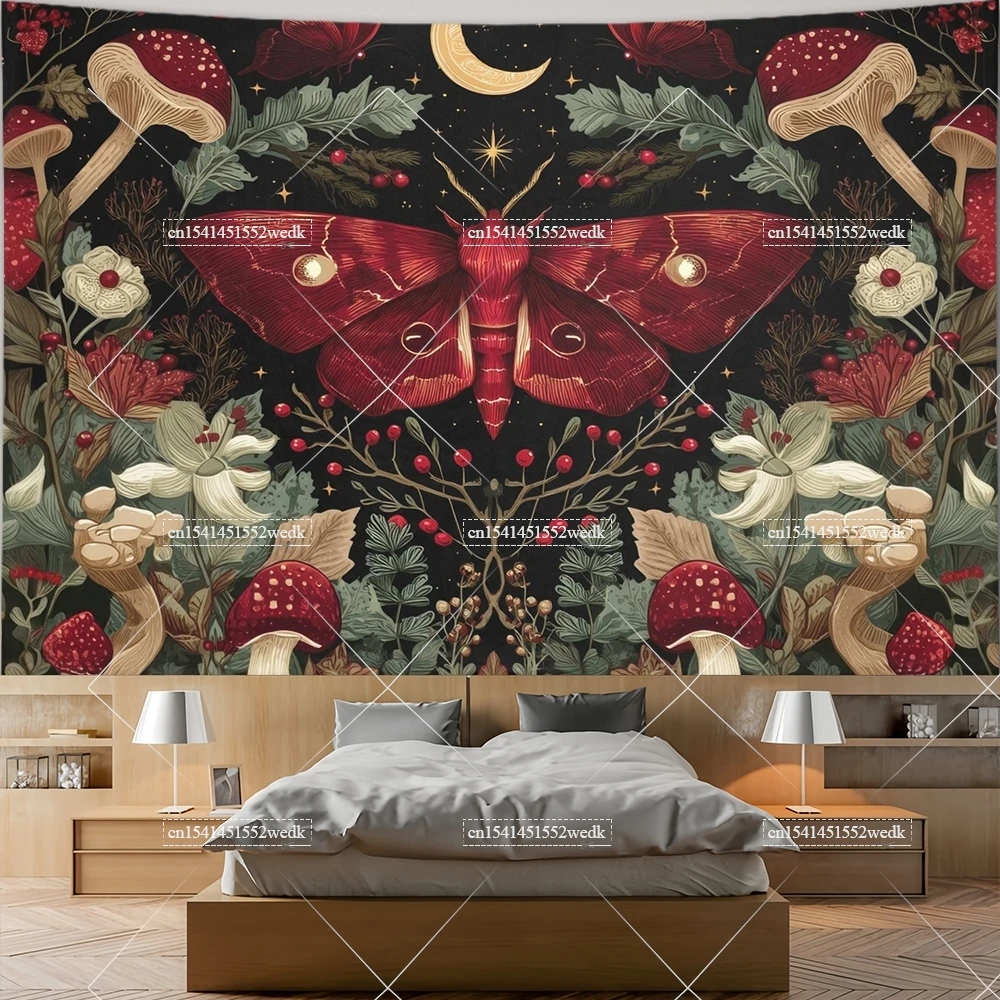Moth Botanical Flowers Butterfly Tapestry Celestial Mushroom Moons Tapestry Aesthetic Decoration Altar Cloth Background Cloths