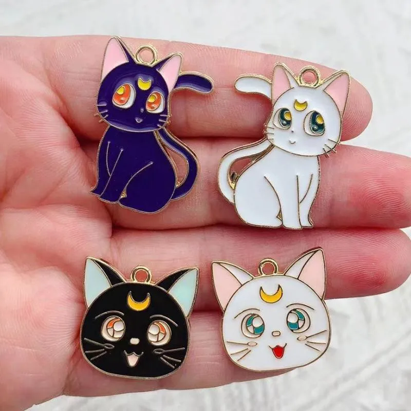 10pcs Enamel Moon Cat Charm for Jewelry Making Earring Pendant Bracelet Necklace Accessories Metal Diy Craft Supplies