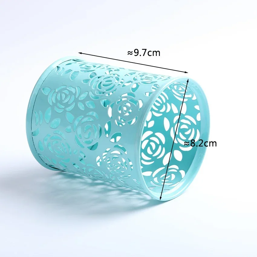 1 PC Metal Hollow Rose Flower Design Cylinder Pen cil Pot Holder Storage  Case Office Stationary Supplies