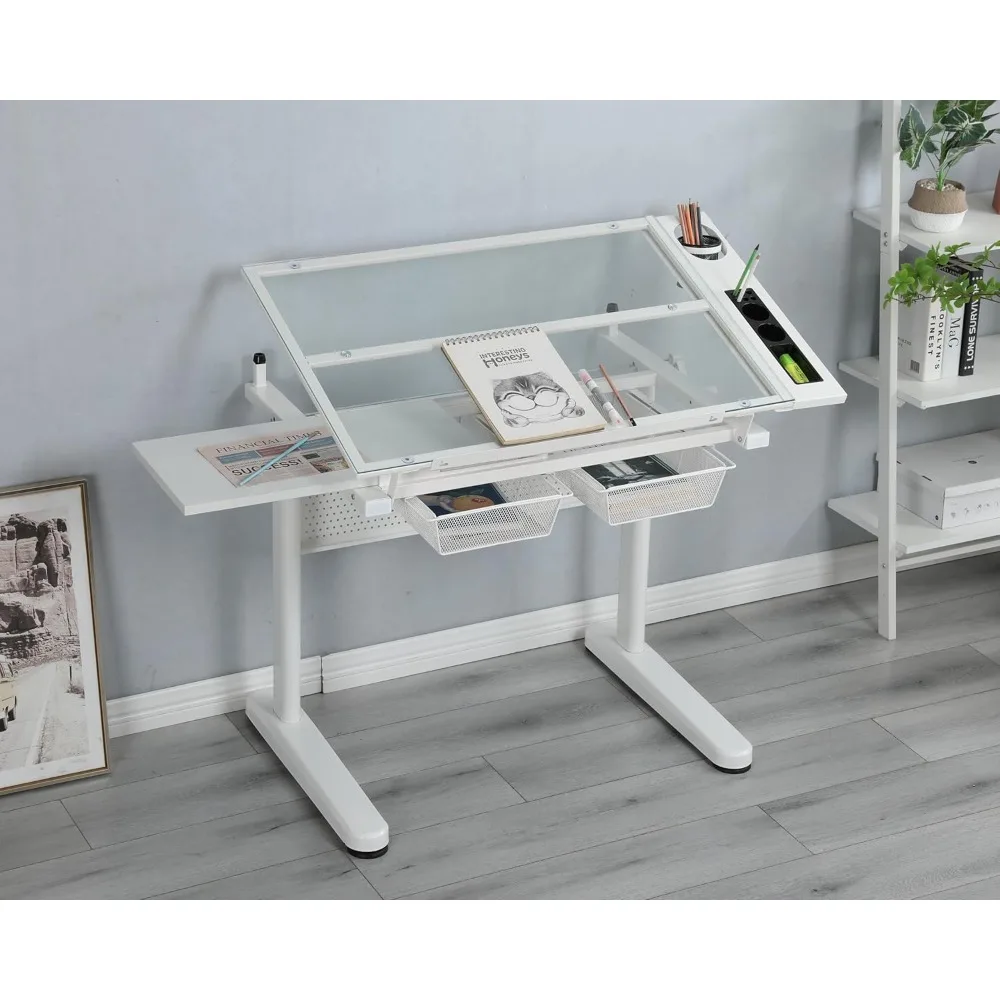 

Hand Crank Adjustable Drafting Table with Stool for Creative Comfort, Tiltable Glass Top and Ample Storage Space, White