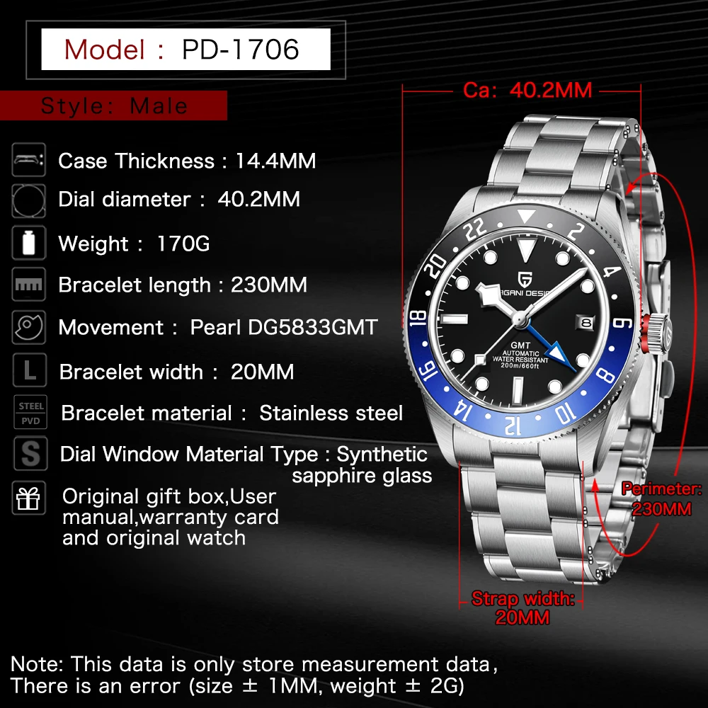 2025 جديد PAGANI DESIGN GMT ساعات رجالية فاخرة ساعات آلية للرجل ساعات المعصم التلقائية الياقوت مرآة ساعة مع صندوق