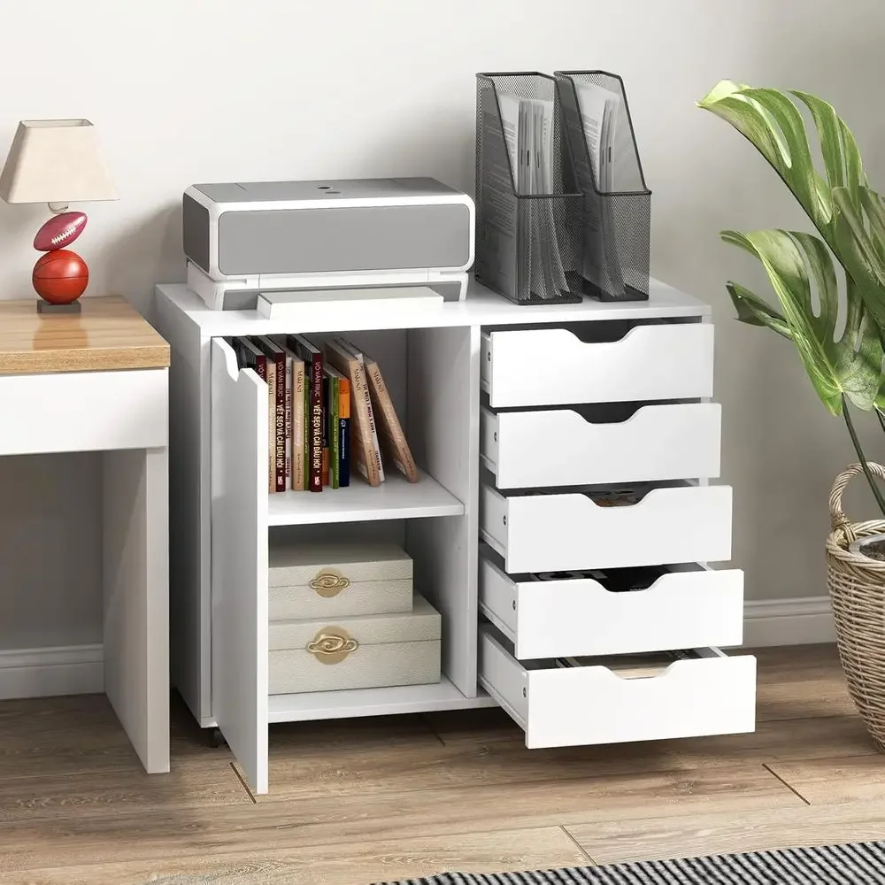 5-Drawer Lateral File Cabinet with Casters, Adjustable Shelves, Printer Stand, and Rolling Storage for Home Office, White