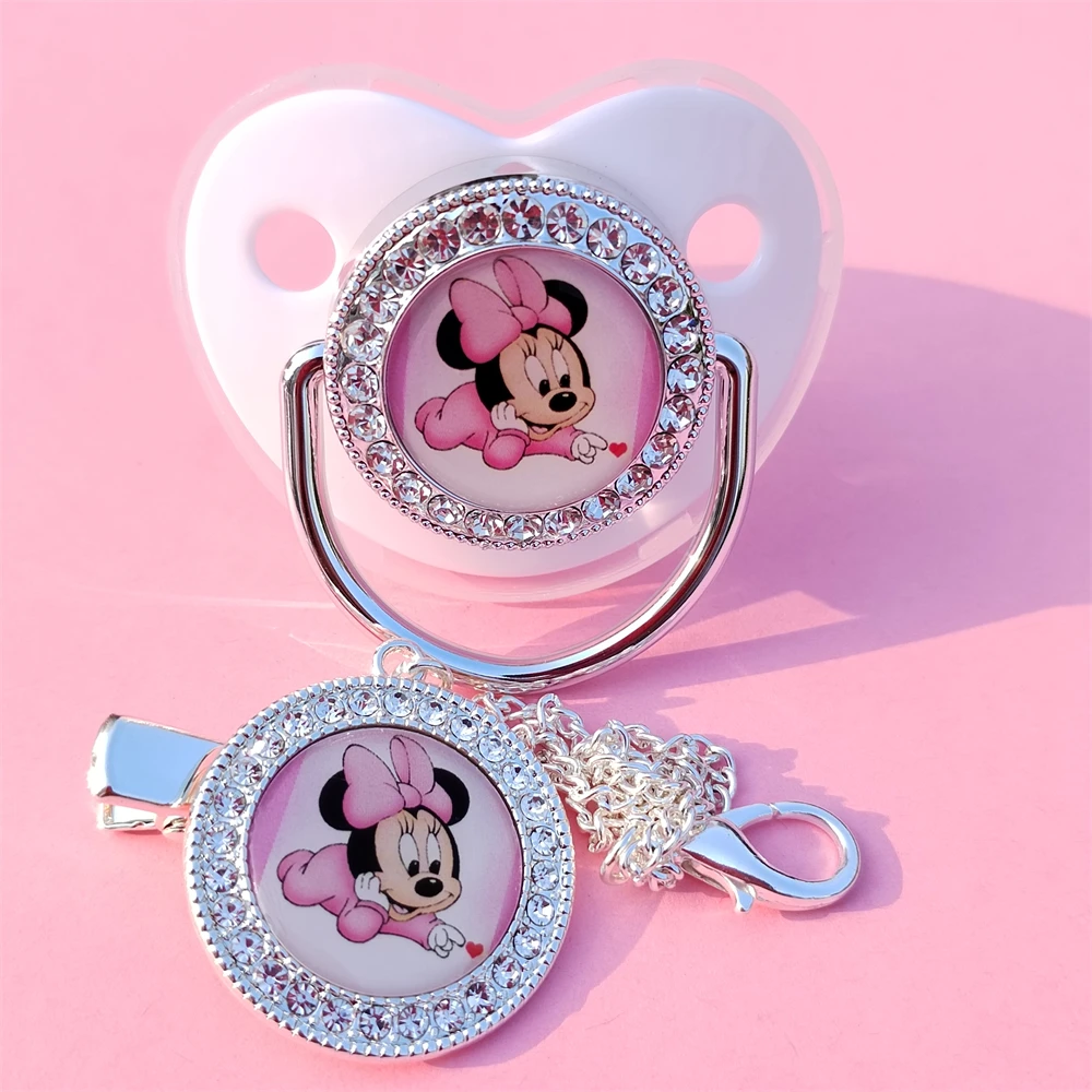 Minnie Mouse Silver Mouth Clips with Rhinestone BPA Free Babi Nurse Feeding Silicone Pacifier for Newborn Baby Sublimation Items