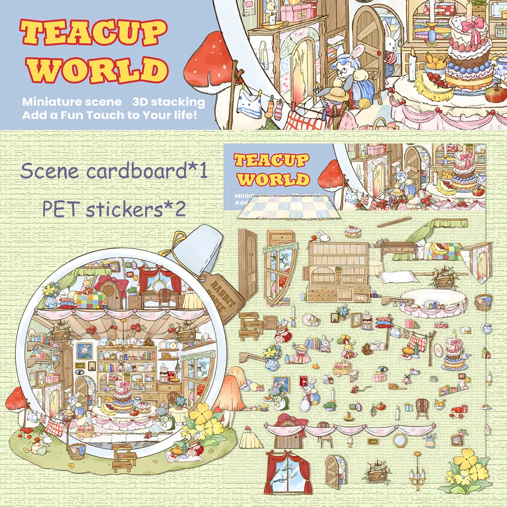 Cartoon Landscape Stickers Miniature World Teacup Ice Sand Alien Puppy Small Creative 3D House Scene
