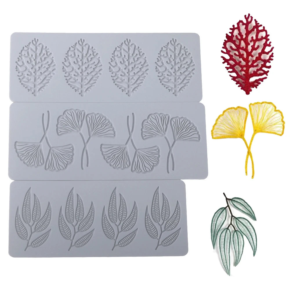 Molde de silicona de hoja de Ginkgo con almohadilla de encaje Coral de 4 cavidades para patatas fritas de Chocolate, gasificación Molecular para hornear