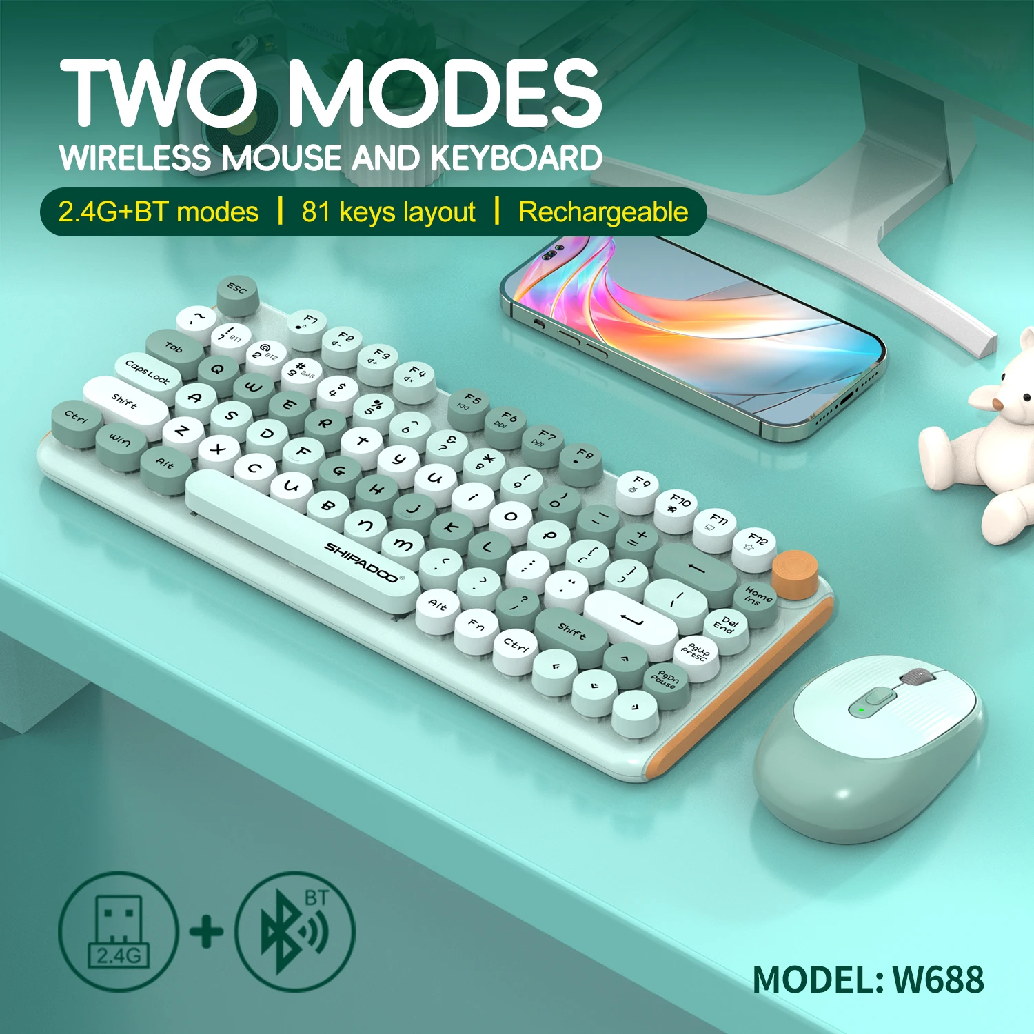 

2.4G Wireless Keyboard&Mouse Combo Silent Round keycap Keyboard Bluetooth rechargeable Computer Laptop 3 Steps 2400 DPI