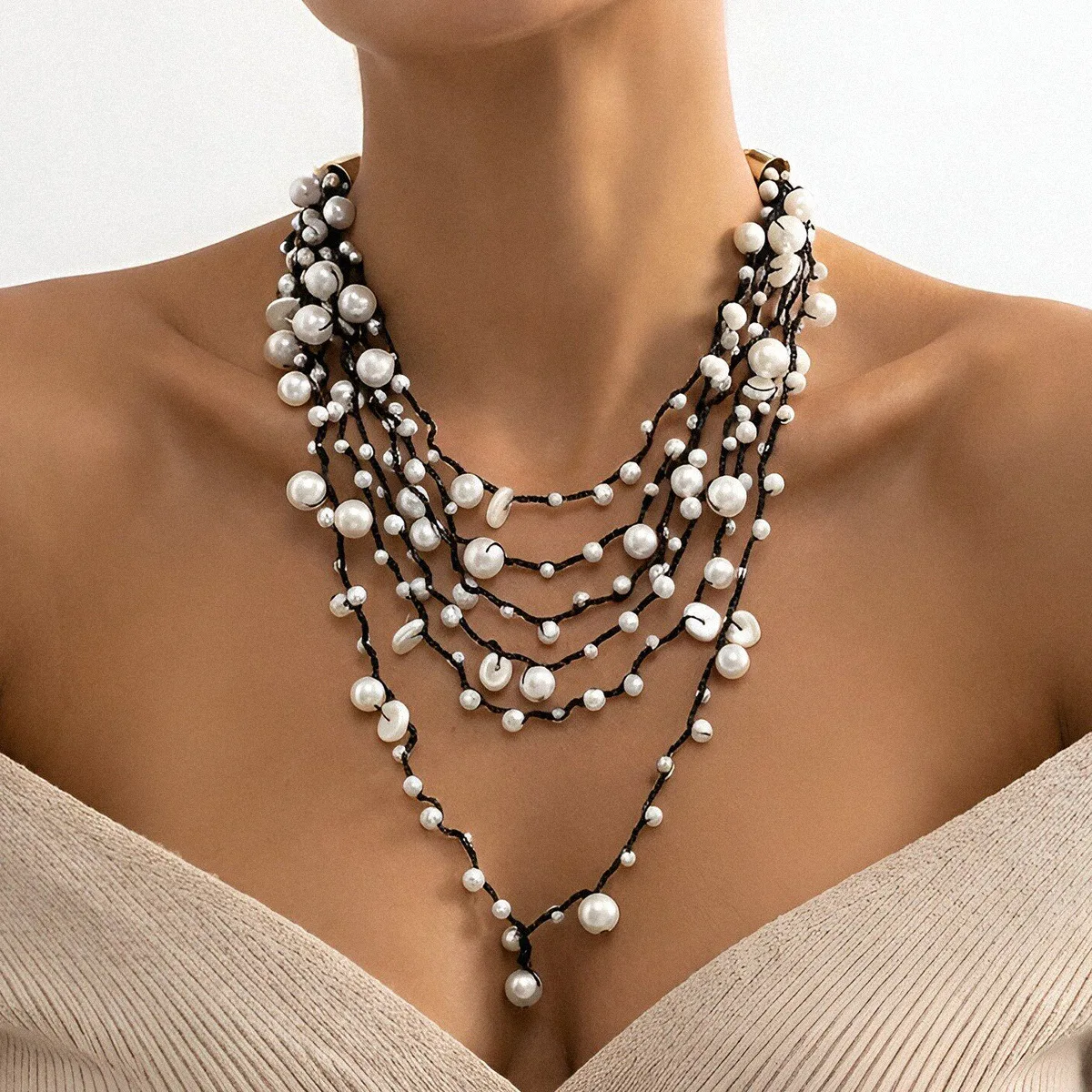 ZA retro exaggerated big-name hand-woven imitation pearl multi-layer stacked necklace female high-grade ocean style source