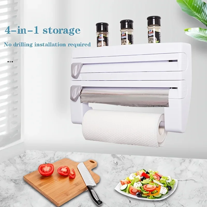 4in1 Plastic Aluminum Foil Dispenser Tissue Spice Storage As Sorting Rack Fresh-keeping Film Cutting Supplies Kitchen Accessorie