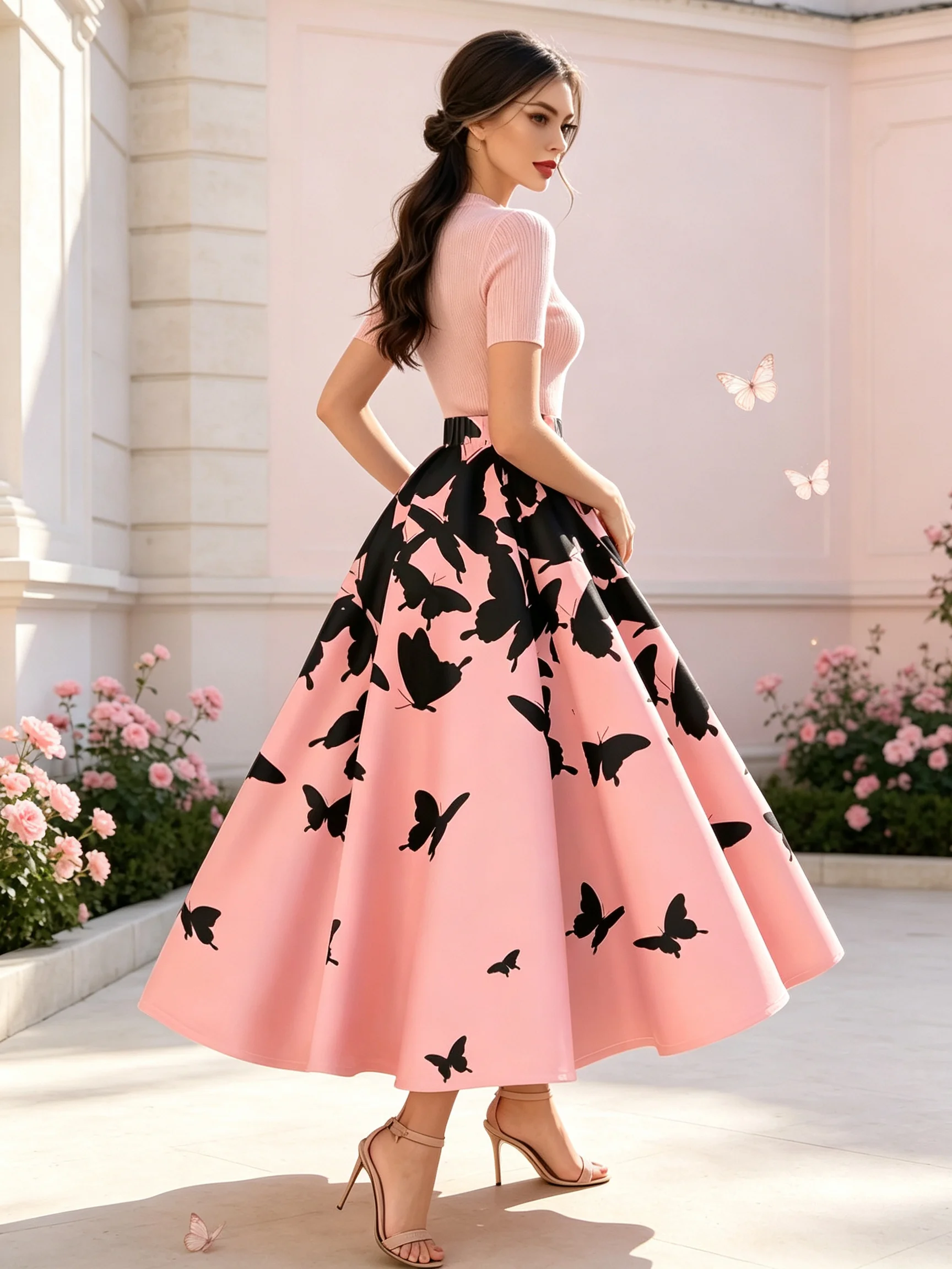 Printed Design Four season butterfly print pink short skirt vacation style half skirt