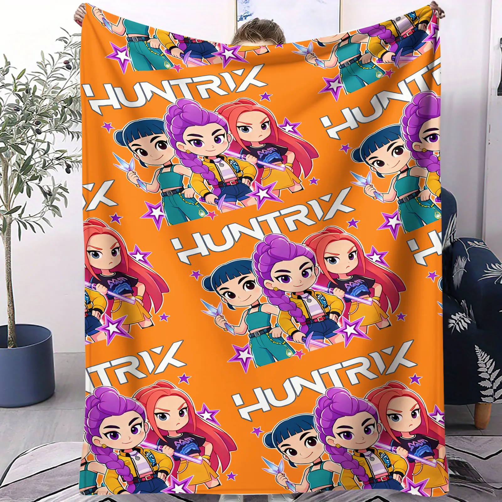K-Pop Demon Hunters Cute Chibi Flannel Blanket Soft Warm Orange Plush Throw for Home Decor Travel Camping Kids Anime Fans Gift