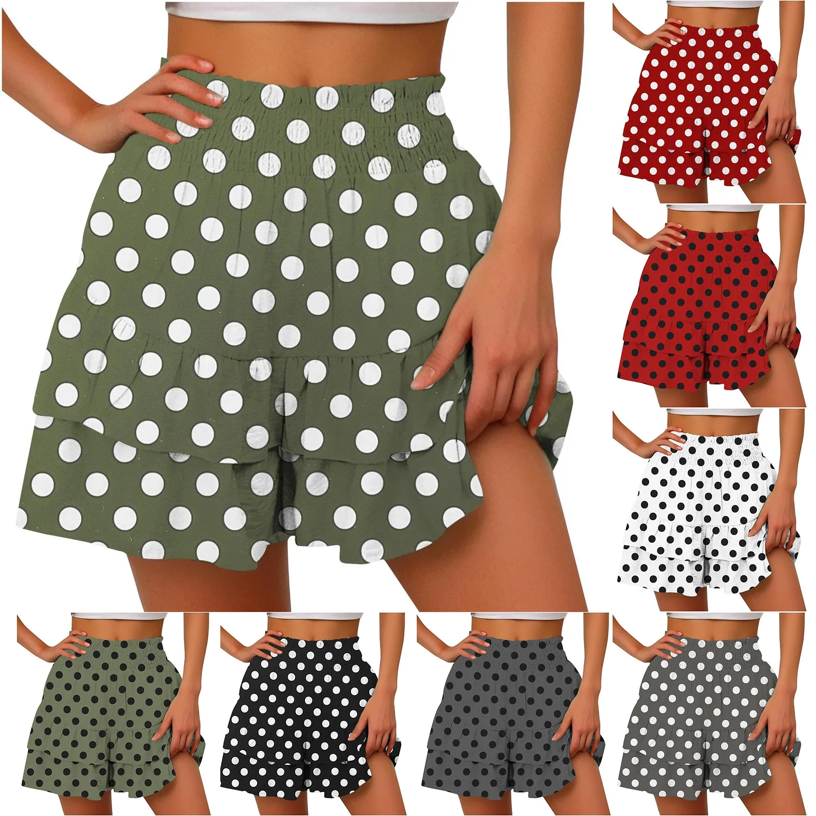 Women'S Dot Printed Shorts Multi-Layered High Elastic Waist Casual Beach Style Shorts Soft Summer New Fashionable Shorts