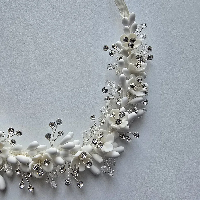 SLBRIDAL Handmade Flexible Soft Rhinestones Crystals Ceramic Flower Bridal Tiara Headband Wedding Crown Women Headdress  Jewelry