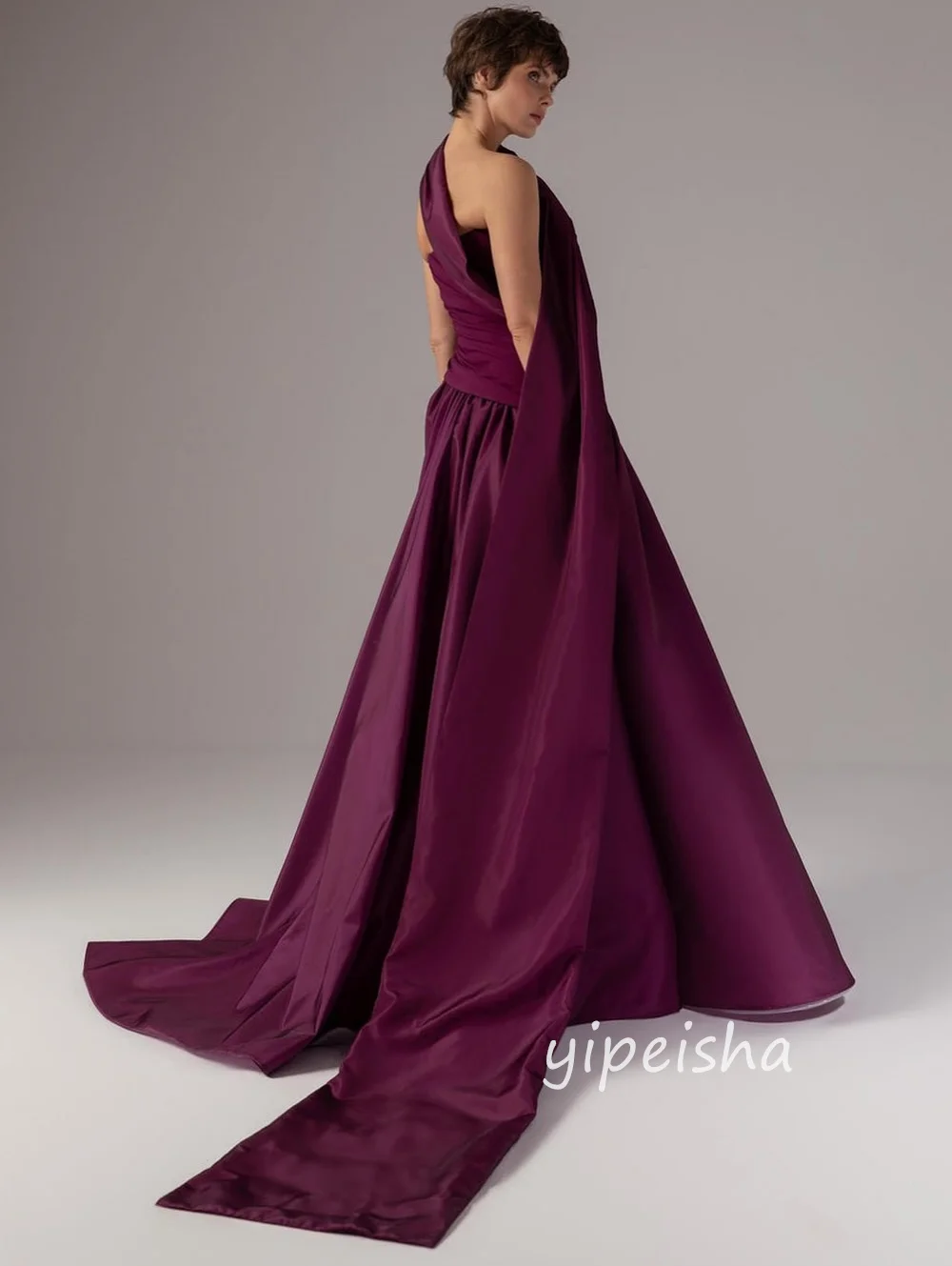 Maßgeschneiderte Retro-passende Jersey-Falten, gerüscht, drapiert, Schal, A-Linie, trägerlos, lange Kleider, Abendkleider, exquisiter Klassiker