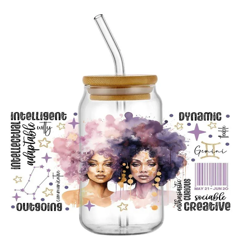 

Custom Black Afro Affirmation UV DTF Cup Wraps Stickers for 16oz Libbey Glass Zodiac Beautiful Afro Girl Design Print