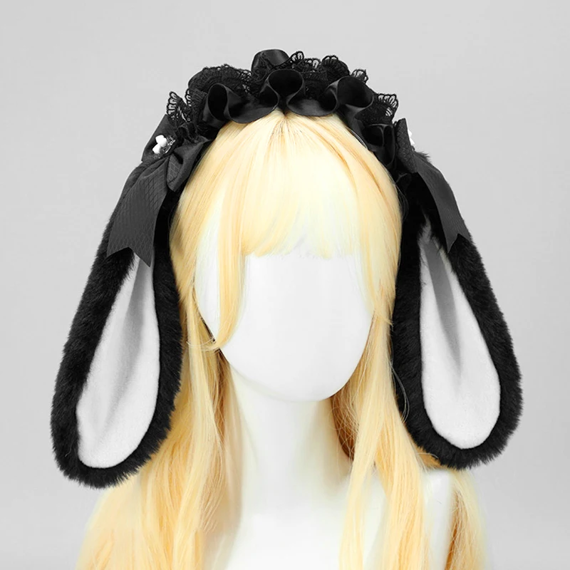 New Lolita Maid Ruffles Ribbon Hairband Women Plush Bunny Ear Headband Girl Furry Anime Hair Hoop Animation Party Cosplay Props