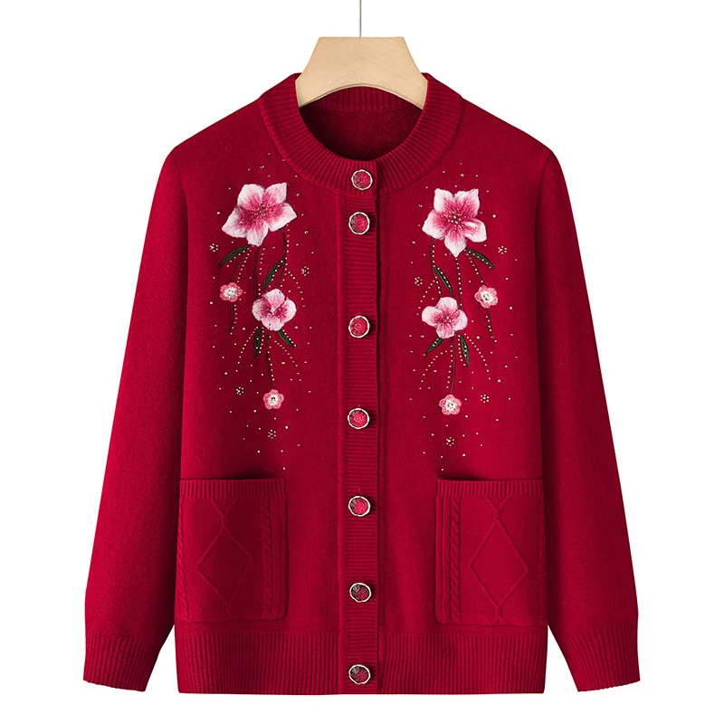 Cárdigan de lana de una pieza para mujer, suéter, chaqueta de mediana edad, ropa cálida bordada para madre, suéter de punto con cuello redondo, Tops de invierno
