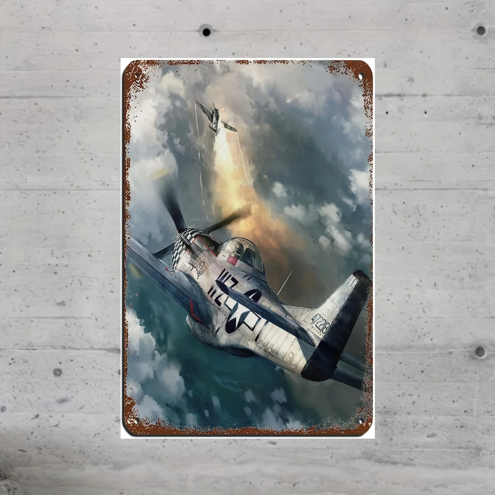 Art Deco Style World War Military Aircraft Metal Tin Sign, Vertical Oblong Vintage Airplane Poster, es, for Pub, Club, Cafe, Ba