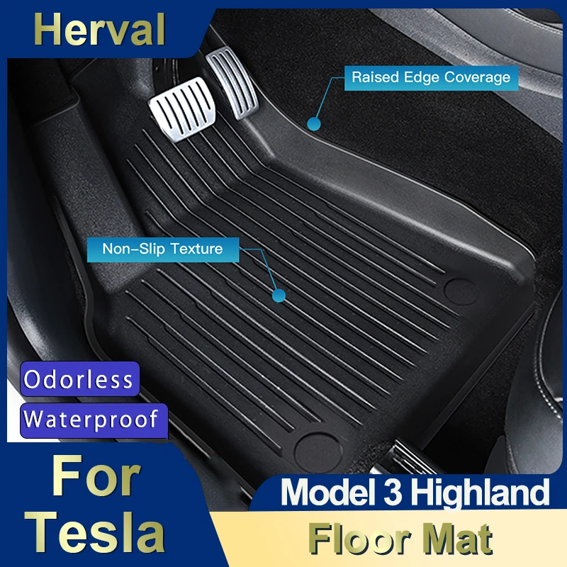 

Herval For Tesla Floor Mat Model 3 Highland 2024 Car Foot Pads Black Carpet TPE All-weather Waterproof Anti-Slip Set Liner Mat