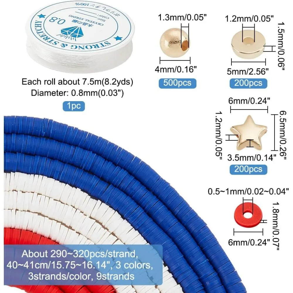 About 3510~3780 Pcs Independence Day Bracelet Making Kit Including Red White Blue Polymer Clay Disc Beads Golden Spacer