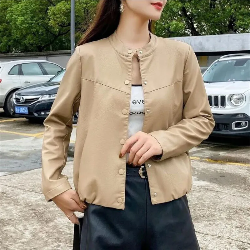 Fashion Short PU Leather Jacket Women\'s Leather Coat 2023 New Spring Autumn Round Collar Casual Korean Outerwear Female Tops