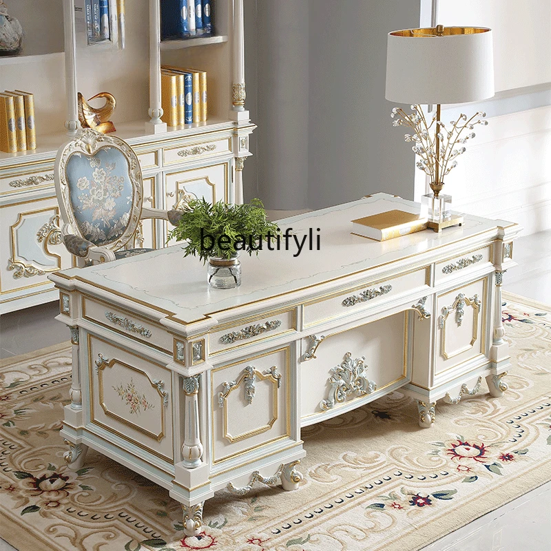 French Furniture Wood Carved 1.8 M Bookcase European Handmade Gold Foil Bedroom Desk