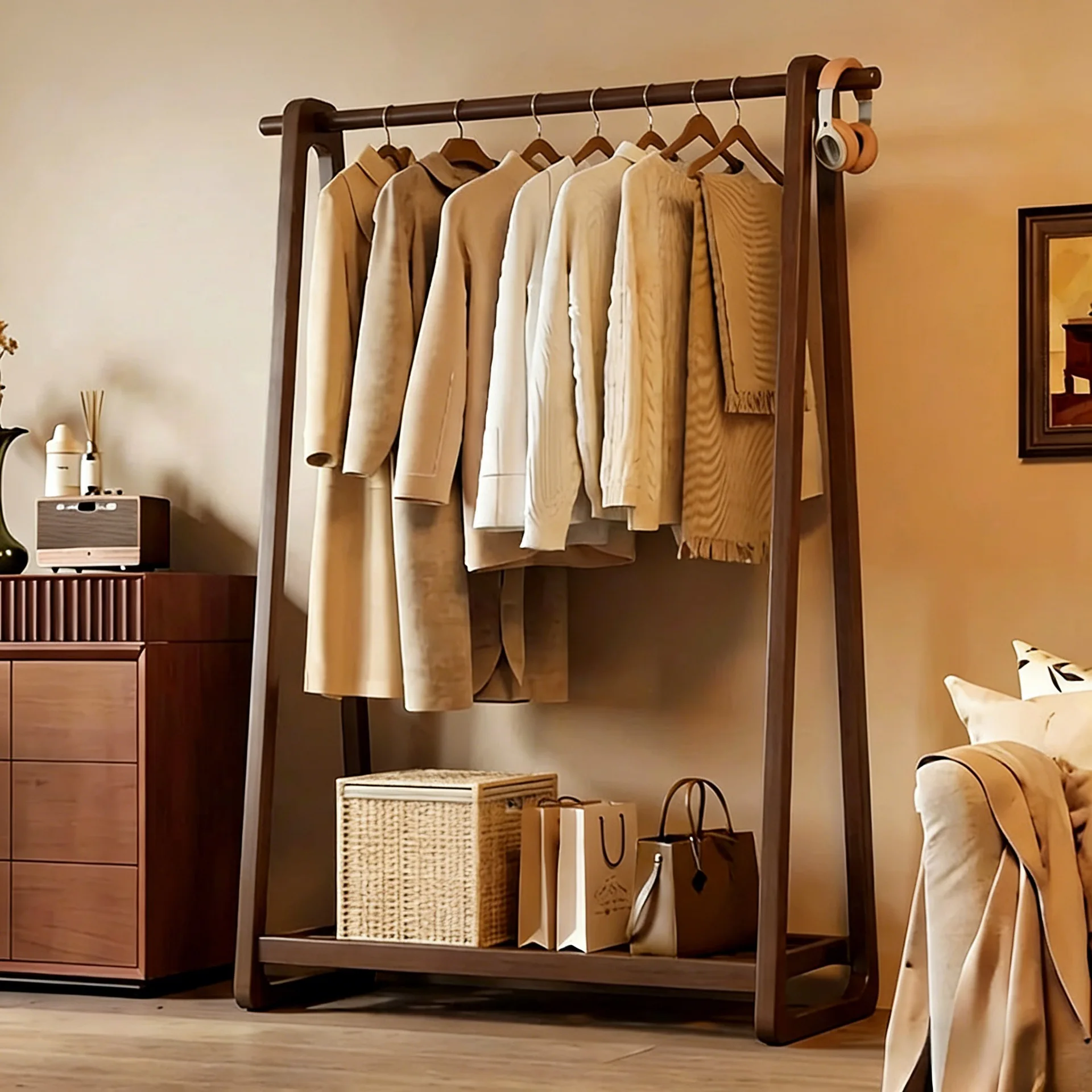 Solid wood hangers are placed at the end of the bedroom bed, and clothes artifacts are placed at night. High-end hangers