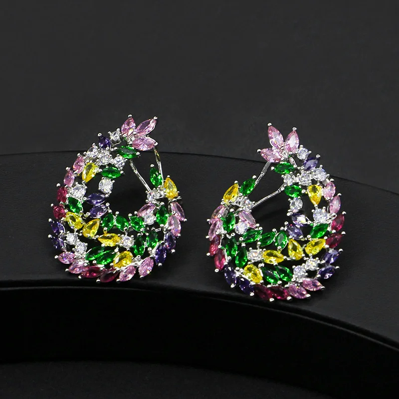 Luxury brand genuine real jewels Fashion new fashion luxury high-end zircon large earrings wedding dress banquet Earrings high q