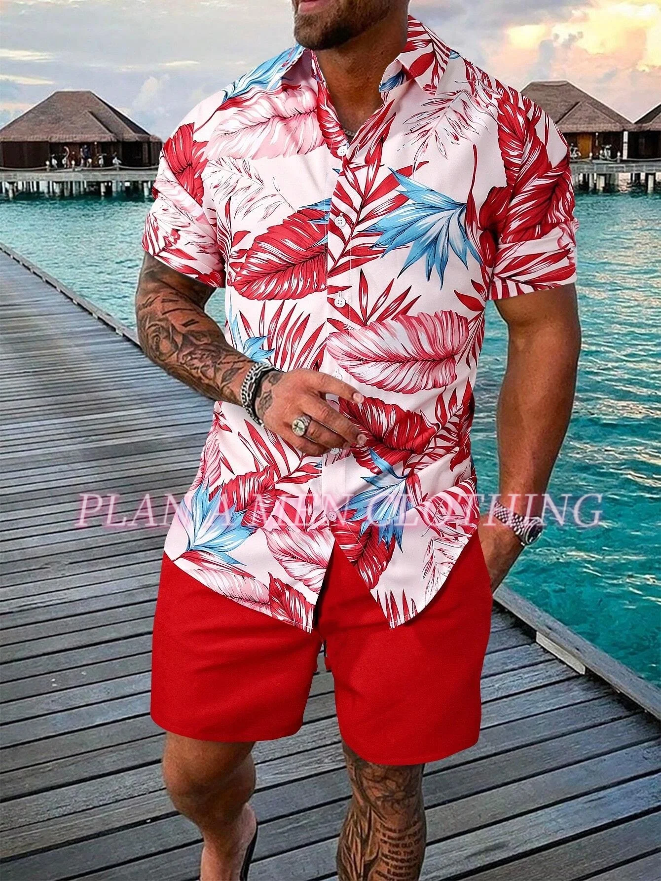 

Vacation Casual Short-sleeved Shirt Shorts Set Summer Men's Hawaii Shirt Set Palm Print Hawaiian Style Shirt Beach Pants Set