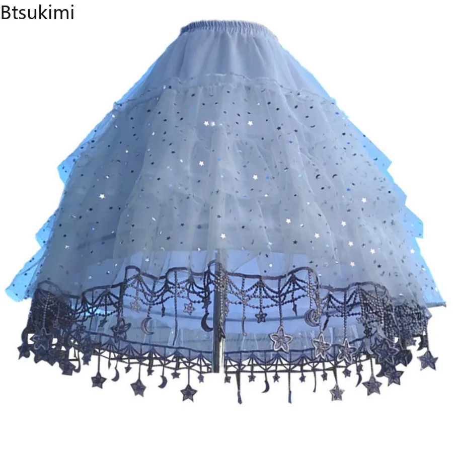 2025 Women's Lolita Crinoline Petticoat Short Fluffy Skirt Star Moon Tassel Adjustable Fishbone Crinoline for Wedding Bridal