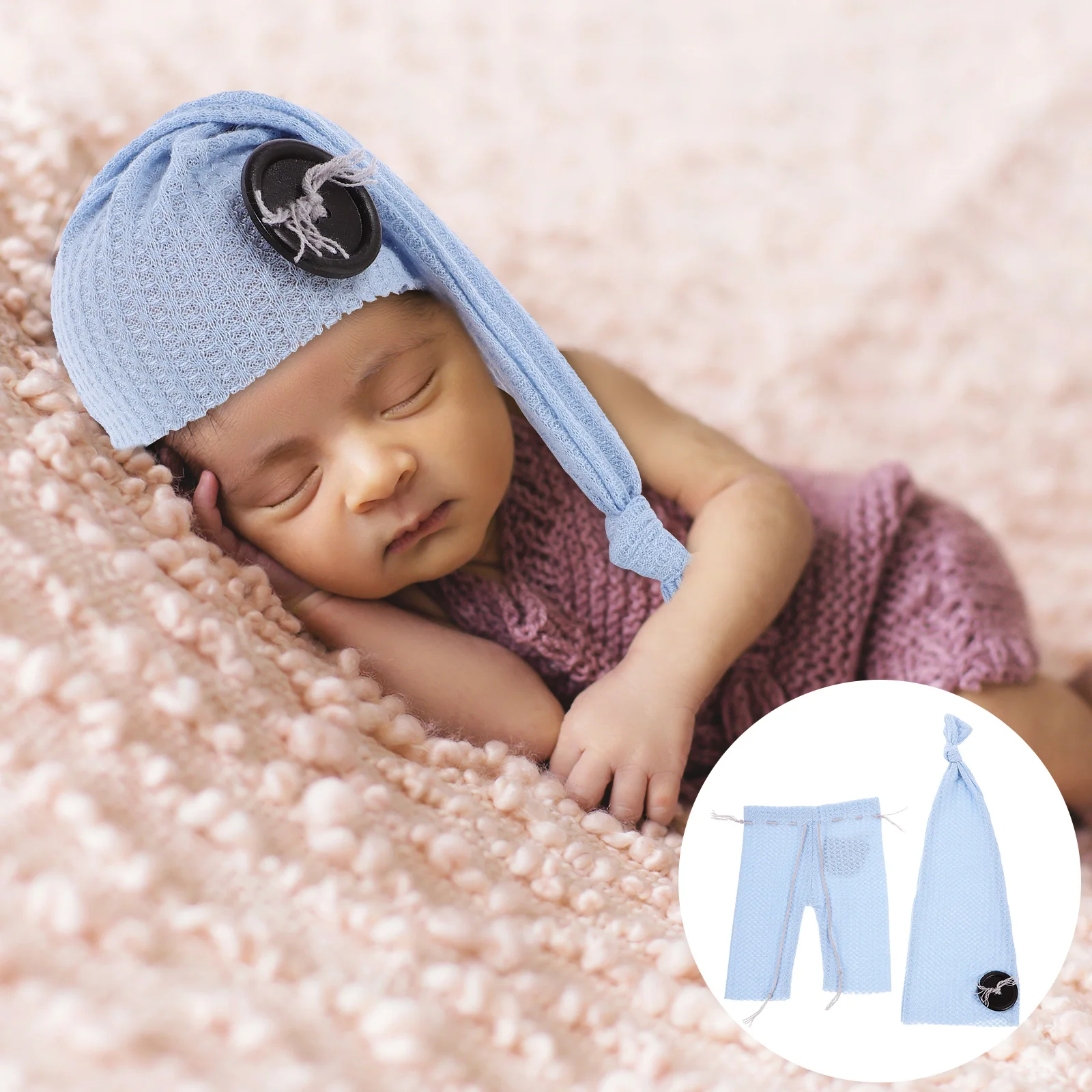 

1 set Knitted Pants Hat Newborn Photography Outfits Soft Knit Fabric Wooden Button Decor Baby Boy Clothes Photoshoot Props