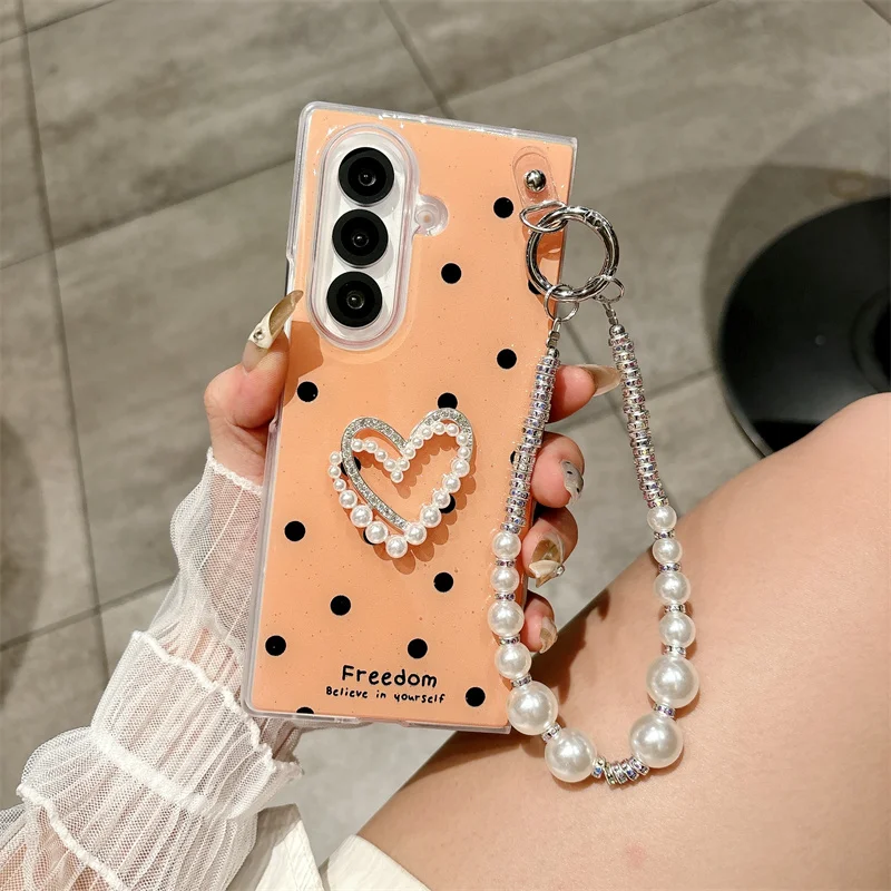 Чехол для Samsung Galaxy Z Fold 5 6 7, 3D жемчужный браслет с сердечком, противоударный чехол