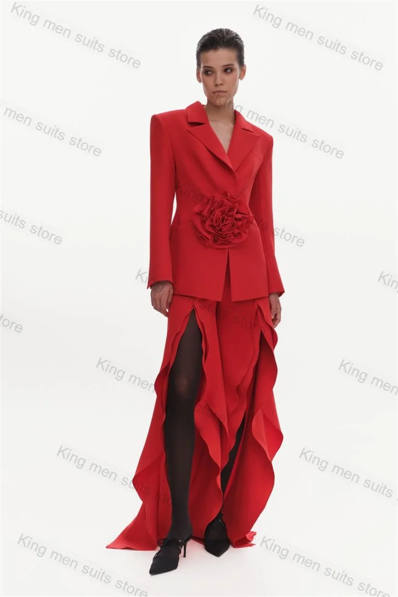 

Red Cotton Women Suit Pants Set 2 Piece Blazer+Split Trousers 3D Flower Customized Formal Office Lady Jacket Wedding Prom Coat