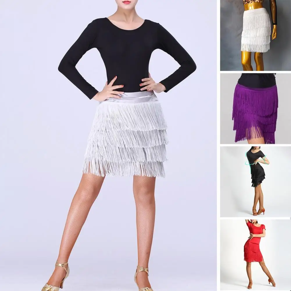 

Women Skirt Tassel Skirt Elegant Latin Dance Mini Skirt with Four-layer Tassel Design High Waist Comfortable Women's for Dancing