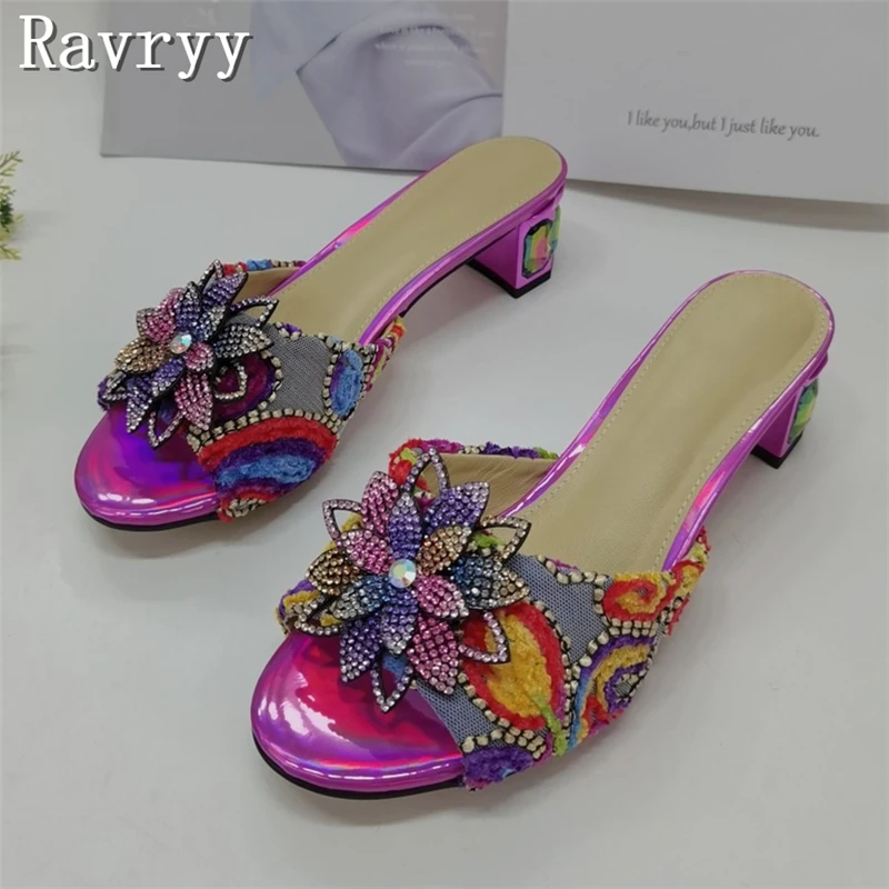 

Bohemian Colorful Rhinestone Floral Decor Open Toe Mule Sandals Women Luxury Crystal Inlaid Chunky Heel Party Dress Slippers