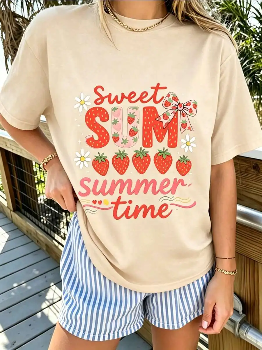 2026 New Fashion Women Crew Neck Black Short Sleeve T-Shirt Sweet Summer Time Cute Strawberry Fruit Graphic Print Summer Vacation Daily Casual Tops Basic Top T-Shirt