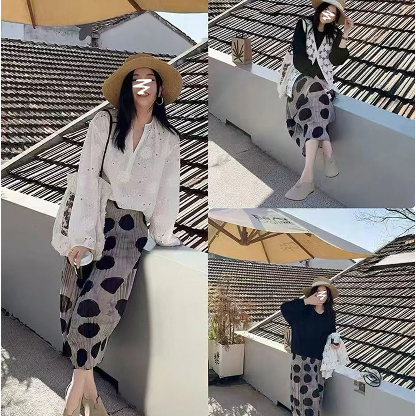 Miyake 2025 Summer Loose Casual Fashion Style Medium and Long Pleated Black Polka Dot Skirt Elastic High Waist Pleated Skirt