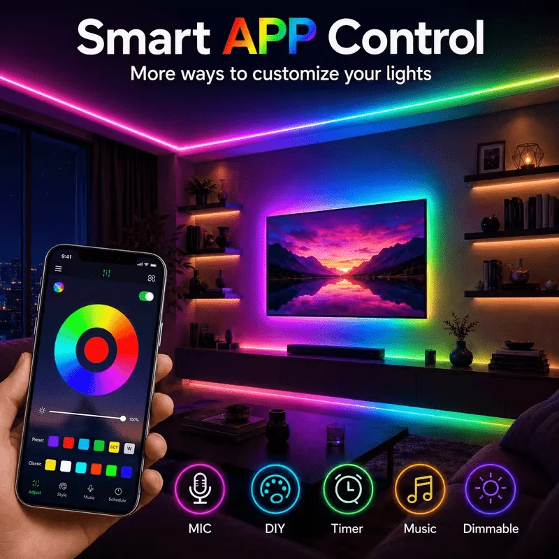 Smart RGB LED Strip Lights with App And 24-Key Remote Control - Wireless Color-Changing LED Lights for Bedroom, Party, Holiday