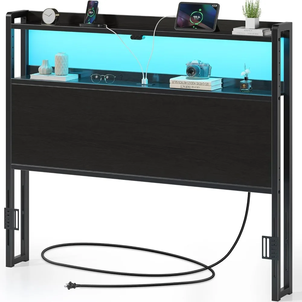 Rolanstar Full Size Headboard with Storage - 60000 DIY Color LED Lights USB Type C Port Height Adjustable Wood Black