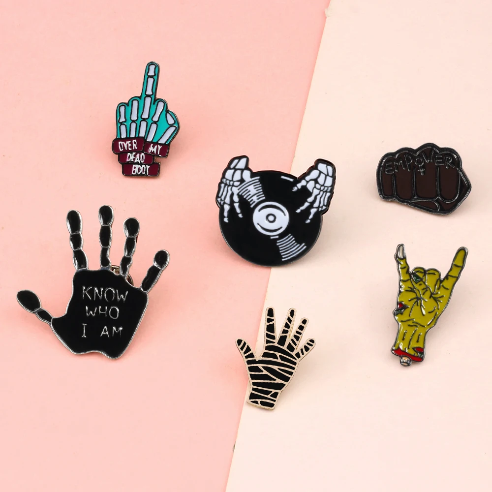 Ghost Hand Bone Fist Middle Finger Broken Hands Badge Funny Cartoon Metal Pin Hijab Injured Hand Series Punk Jewelry Men Brooch