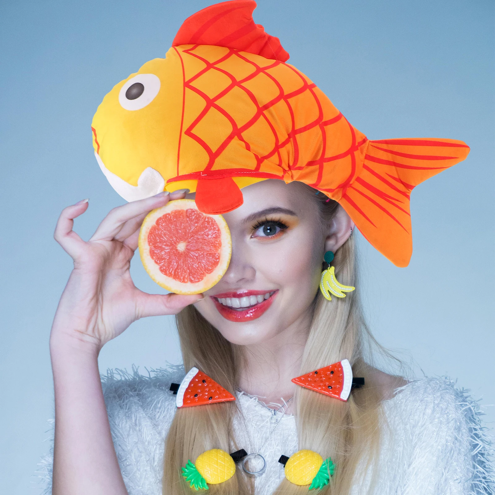 Koi Fish Headgear Stuffed Animal Hat for Adults Kids Birthday Costume Headwear Sea Animal Party Headband Novelty Hats for Photo