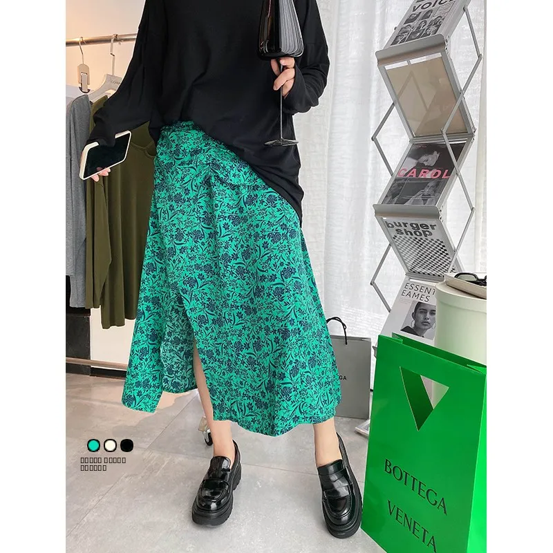 

Vogana High Waist Floral Print Elastic Waist Midi Skirt Slimming A-Line Skirt Korean Sle Commute Flower Pattern Autumn Long...
