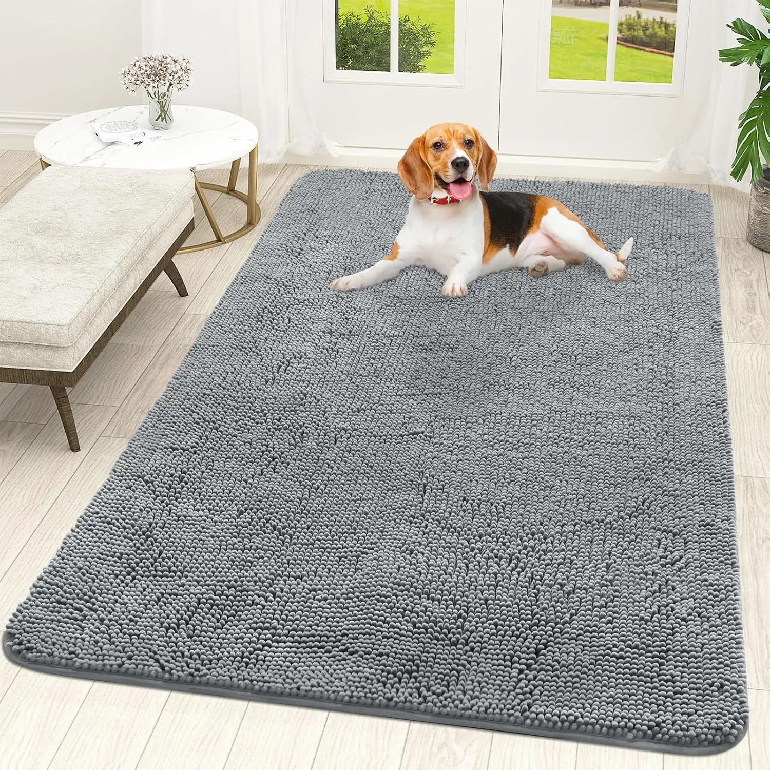 

Dog Door Mat for Muddy Paws 59x35, Absorbent Chenille Doormat, Non-Slip Washable, Quick Dry Indoor Entryway Rug, Grey