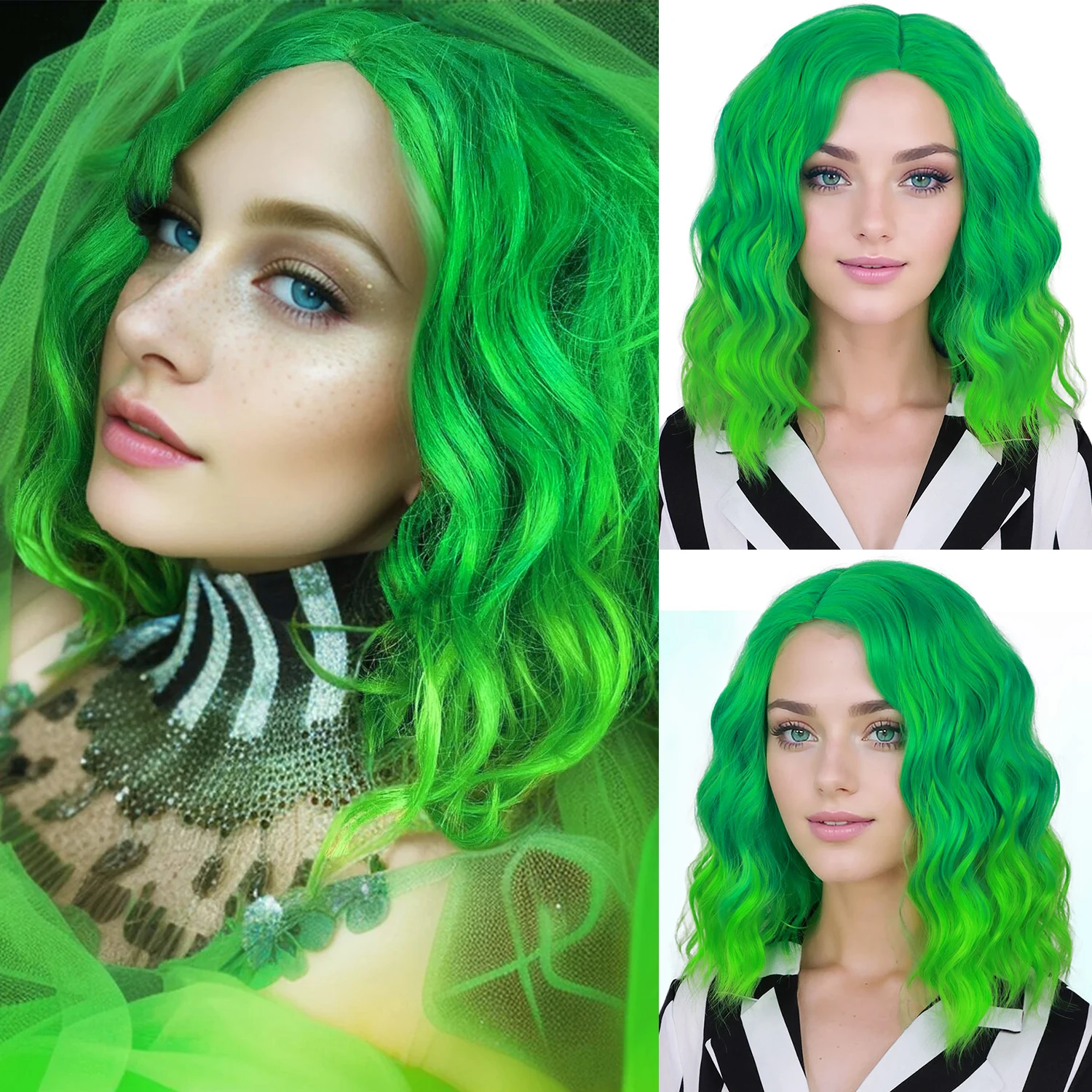 Synthetic Green Ombre Wig for Women Short Curly Wavy Green Bob Wigs Cosplay Halloween Wigs Heat Resistant Bob Party Wig