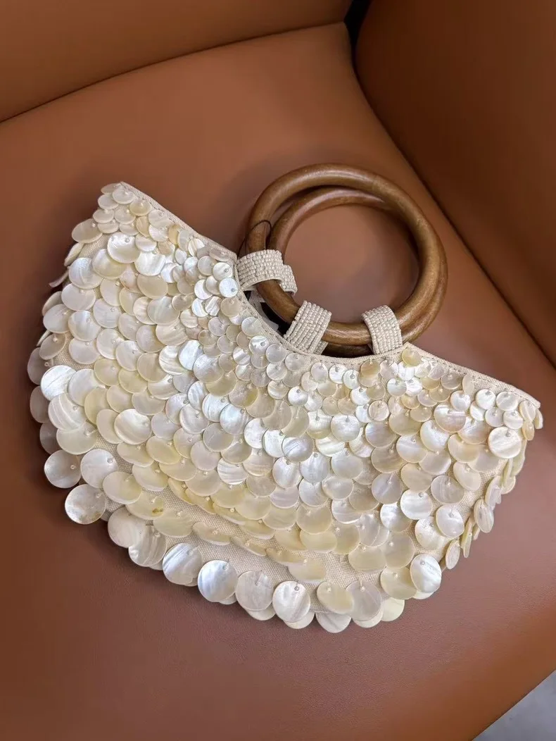 

Handmade Shell Bag Brand Unique Creative Women Handbags Purse Summer Fairy Wood Handle Elegant Banquet