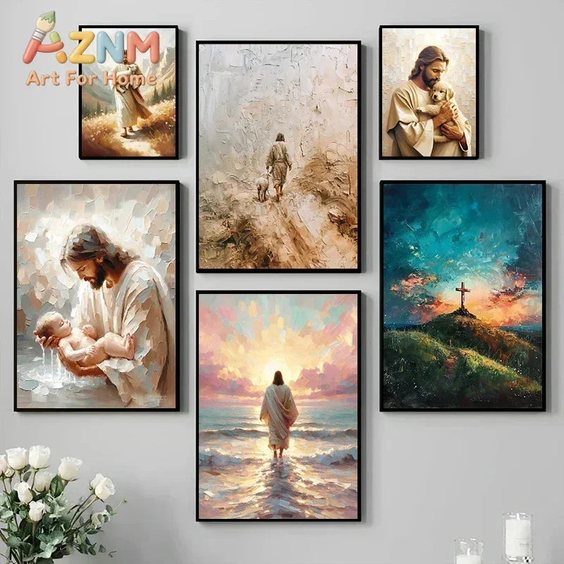 2026 Walking on Water/Shepherd Jesus Christian Poster Canvas Painting Bible Wall Art Picture for Living Room Home Dec Baptized G