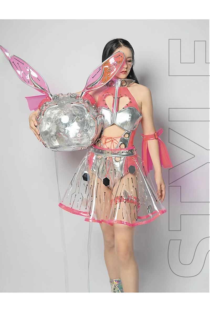 Fluorescent Pink Rabbit Astronaut Cosplay GoGo Dance Costumes Singer Cyberpunk Futurism Rave Outfit Bar Music Festival Cloth